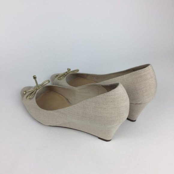 Kate Spade Womens Linen Peep Toe Wedge Heels Beige Cream Shoes Gold Bow size 10 - Picture 8 of 15